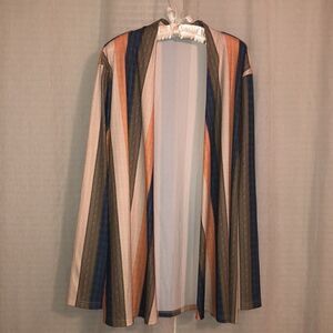 XL Colored Vertical Striped Ribbed Waterfall Open Long Sleeve Cardigan Duster